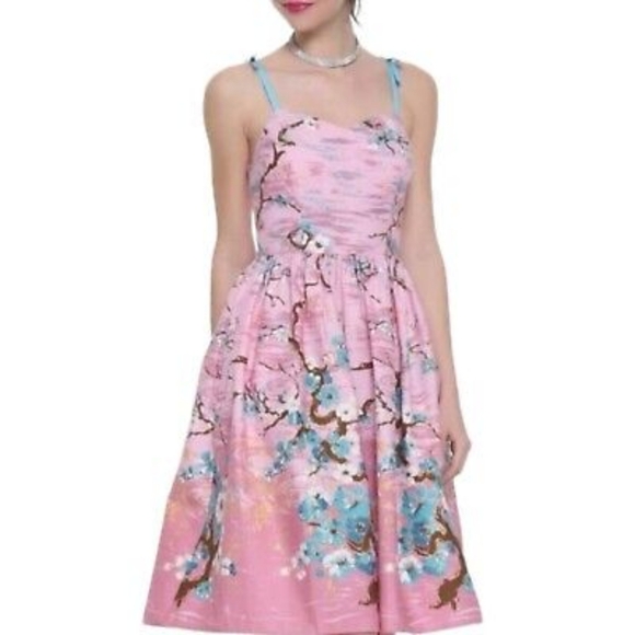 Hell Bunny Jenna Japanese Pink & Blue Cherry Blossom Fit & Flare Dress Sz Large - Picture 9 of 9